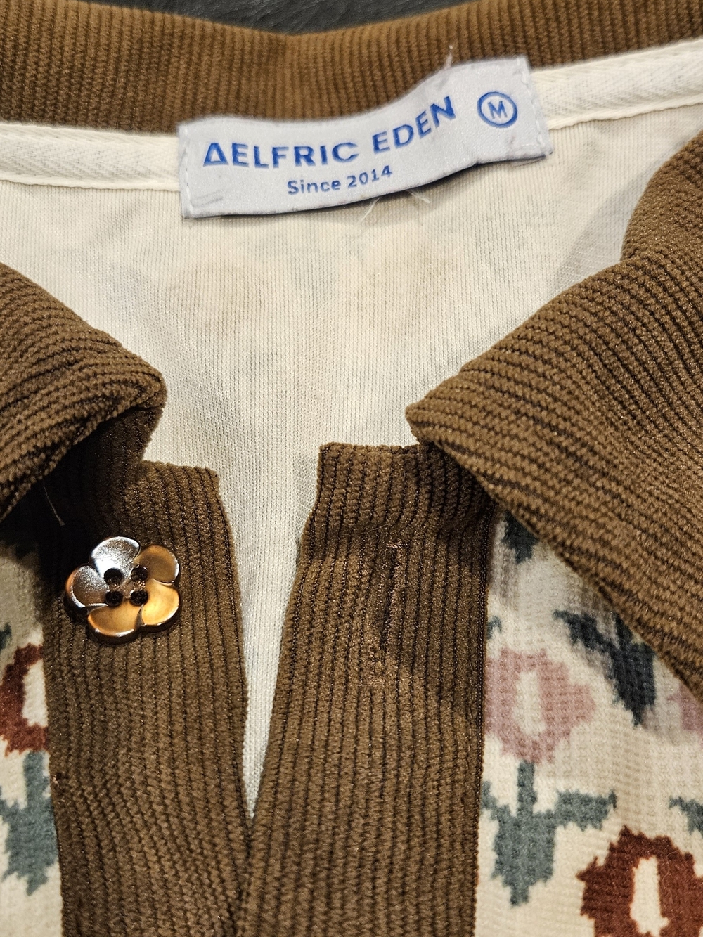 Aelfric Eden Brown Collared Knit Polo with Floral Button